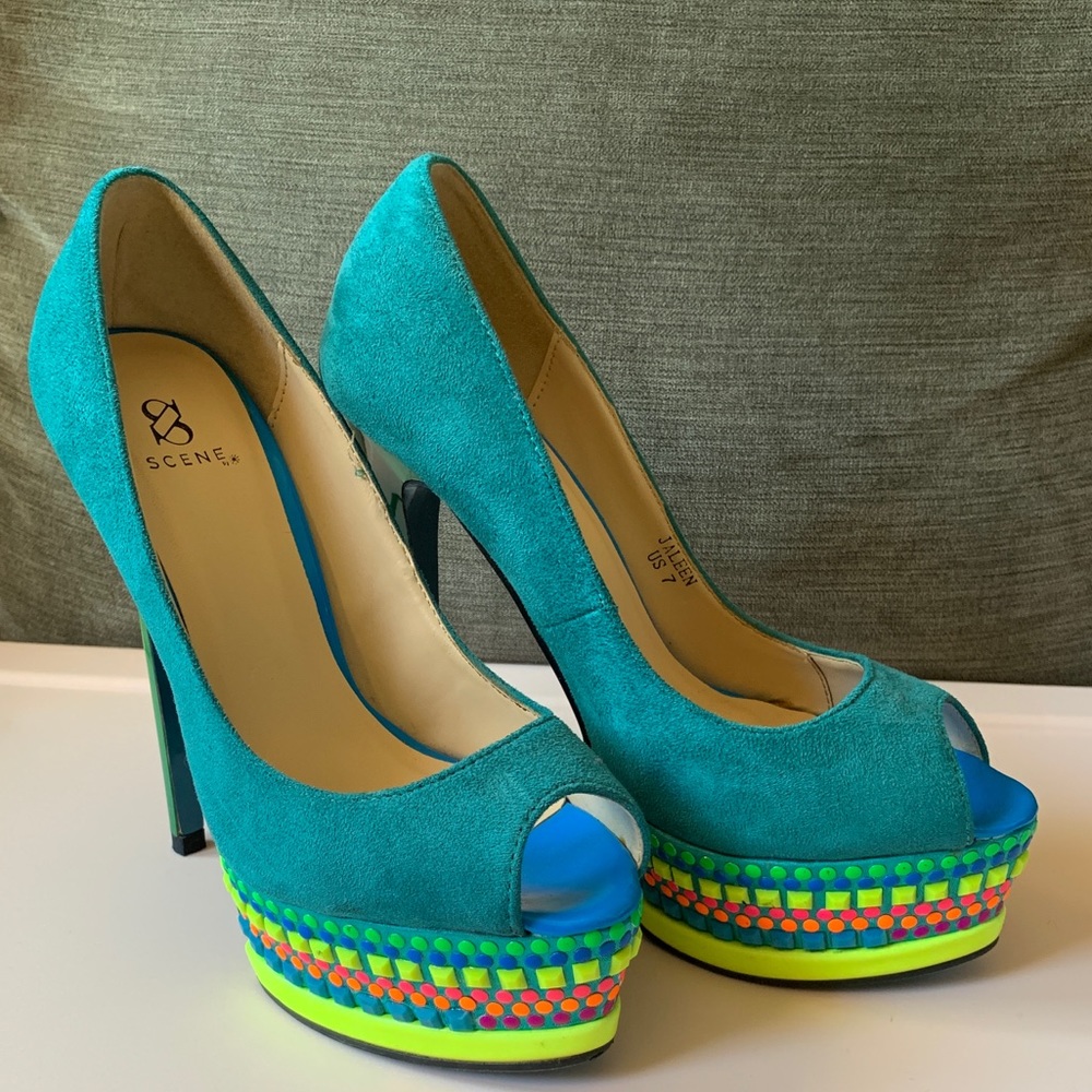 Shoedazzle - Stiletto Heels - Teal w/ Neon Studs